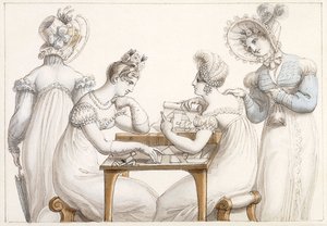 Damen schneiden Silhouetten aus und Damen unterhalten sich in einem Interieur von Edward Francis Burney