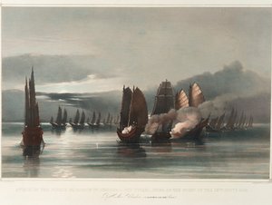 Angriff auf das Piratengeschwader von Chuiapoo, vor Tysami, China, in der Nacht des 28. September 1849 durch HMS Columbine, J C Dalrymple Hay, Esqr, Kommandant, ca. 1849