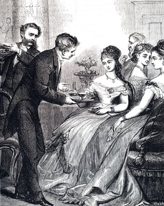 Gravur, die einen Gentleman zeigt, der einer Dame ein Gelee-Gericht bei einem Abendessen reicht