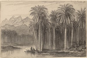 Figuren, die von einem Palmengarten (Wady Feiran) in Kanus aufbrechen