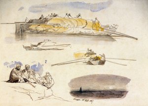 Fünf Skizzen von Luxor (Ägypten), drei Ansichten eines Hausbootes, das mit Stroh beladen ist, eine Skizze von fünf sitzenden Ägyptern und eine Landschaft in der Dämmerung