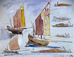 Studien von venezianischen Booten mit vollen Segeln und Ankerplätzen