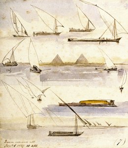 Studie verschiedener ägyptischer Boote (Dahabeeyahs und Gyassis), mit einer Szene vor den Pyramiden von Gizeh (Kairo) in der Mitte der Seite