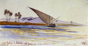 Die Ufer des Nils (Ägypten), mit Palmen und Gyassi, die dem Ufer zugewandt sind, in der Nähe von Gebel el Silsileh. Farbige Aquarellzeichnung