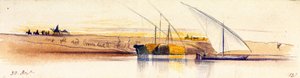 Die Ufer des Nils (Ägypten), mit drei Gyassis, zwei davon schwer beladen mit Stroh, im Hintergrund sind Figuren und Tiere im Sonnenuntergang dargestellt