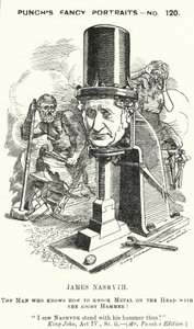 Karikatur: James Nasmyth, schottischer Ingenieur und Erfinder des Dampfhammer (Gravur)
