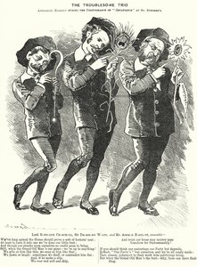 Das lästige Trio: Lord Randolph Churchill, Henry Drummond Wolff und Ellis Ashmead-Bartlett, britische konservative Politiker (Karikatur) von Edward Linley (after) Sambourne
