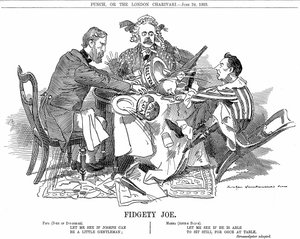 Koalitionsregierung. Herzog von Devonshire und Arthur Balfour (Mitte) versuchen, Joseph Chamberlain, den Führer der Juniorpartei in der Koalition, zu kontrollieren. Im September 1903 trat er zurück, um seine Zollreformen frei zu vertreten. Karikatur von Ed