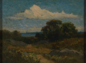 Landschaft (Bäume und Felsen am See)