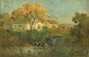 Der Trinkteich, Mann im Wagen mit Ochsen am Teich, 1895