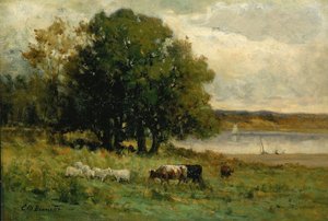 Ohne Titel (Rinder am Fluss mit Segelboot in der Ferne)