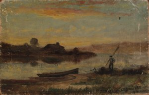 Unbetitelt (Landschaft, Boot am Ufer vertäut mit gehendem Mann)