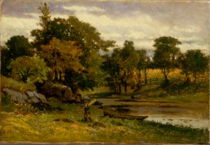 Ohne Titel (Landschaft, Boot am Bachufer, Mann im Vordergrund)