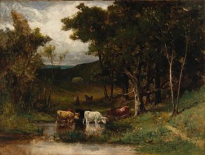 Ohne Titel (Landschaft mit Kühen im Bach nahe Bäumen) von Edward Mitchell Bannister