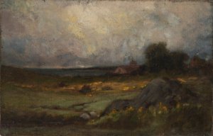Ohne Titel (Landschaft mit Felsen im Vordergrund und Dach mit Turm, See im Hintergrund) von Edward Mitchell Bannister