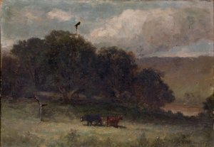 Ohne Titel (Landschaft mit Bäumen und zwei Kühen auf der Wiese)