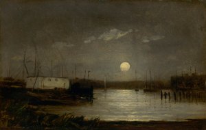 Ohne Titel (Mond über einem Hafen, Hafenszene mit Vollmond und Masten von Booten)