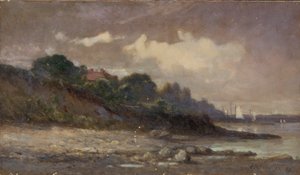 Ohne Titel (Küstenlinie mit Segelbooten und Dach) von Edward Mitchell Bannister