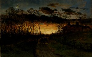 Ohne Titel (Sonnenuntergang mit Viertelmond und Bauernhaus)