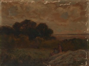 Unbetitelte Landschaft mit zwei auf Felsen liegenden Frauen