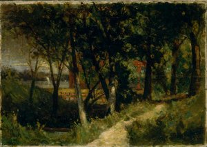 Unbetitelte Landschaft, Waldszene mit rotem Zaun und Gebäude, 1893