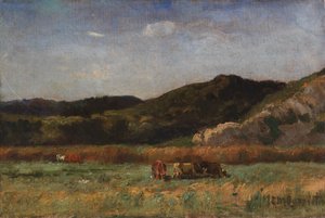 Unbetitelte Landschaft mit grasenden Kühen, Hügel, 1891