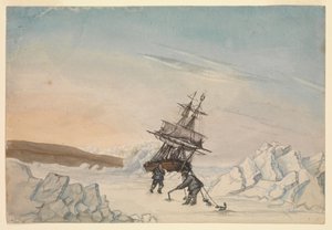 Ein Schiff im Eis stecken geblieben mit zwei Besatzungsmitgliedern, die das Schiff mit vier Befestigungen im Eis verankern von Edward Newell Harrison