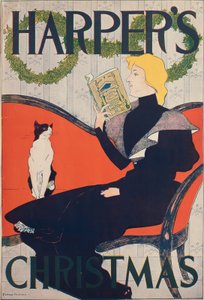 Frau auf einem roten Sofa lesend, Weihnachtsausgabe Harper