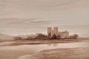 Landschaft mit Kirche und Fluss oder See von Edward Pretty
