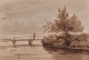 Flusslandschaft mit Holzbrücke und Figur