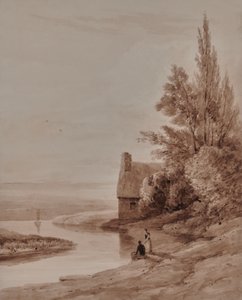 Wasserszene mit Figuren und einem kleinen Boot