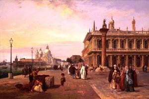 Figuren auf der Piazzetta, Venedig mit Salute im Hintergrund