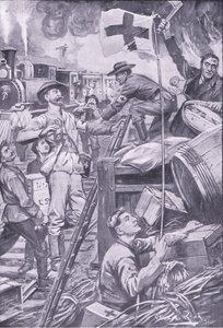 Falsche Sanitäter zerstören Vorräte bei Komati Foort unter dem Schutz der Rotkreuzflagge, Illustration aus After Pretoria: The Guerilla War, 1902 von Edward Read