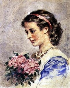 Junges Mädchen mit einem Strauß rosa Blumen von Edward Tayler