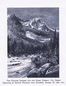 Die Grand Jorasses und der Doire Torrent, Val Ferrett, aus British Adventure, veröffentlicht von Collins, 1947