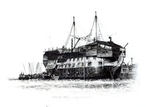 Gefängnisschiff im Hafen von Portsmouth: Sträflinge gehen an Bord, 1828 von Edward William Cooke