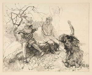 Caliban, Stephano und Trinculo (Ariel unsichtbar), Illustration für Akt II, Szene ii, Der Sturm von Edwin Austin Abbey