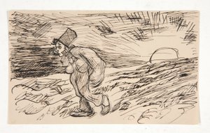 Karikatur einer Figur im Sonnenaufgang. Studie für