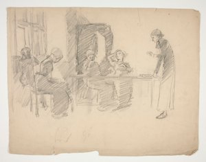 Frühe Studie für Stony Ground 1884, Innenraum mit Figuren von Edwin Austin Abbey