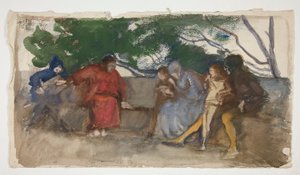 Figuren, die auf einer Außenbank sitzen von Edwin Austin Abbey