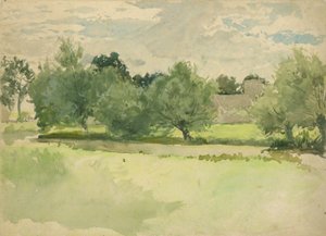 Landschaft: Wiese. Kirche im Hintergrund