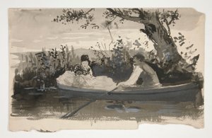 Mann und Frau im Ruderboot, nahe dem Flussufer - nicht identifizierte Illustration