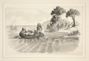Männer in einem Ruderboot fliehen vor Indianern am Ufer - nicht identifizierte Illustration (Kolumbus entdeckt die Neue Welt?) - Entdecker landen in der Neuen Welt von Edwin Austin Abbey