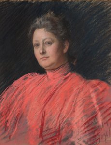 Porträt von Mrs. Abbey im rosa Kleid, Hüftlänge von Edwin Austin Abbey