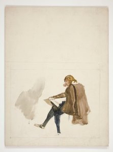 Sitzender junger Mann im braunen Mantel, lesend - nicht identifizierte Illustration von Edwin Austin Abbey