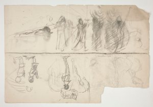 Blatt mit Skizzen für die Wandbildserie Die Suche nach dem Heiligen Gral in der Boston Public Library (recto); Unidentifizierte Skizze (verso)