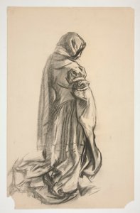 Skizze einer knienden weiblichen Figur im rosa Kleid für Galahad der Befreier, eines der Heiligen Gral-Wandgemälde in der Boston Public Library