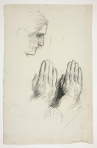 Skizze eines jungen Mannes im Profil; Skizze von zwei betenden Händen von Edwin Austin Abbey