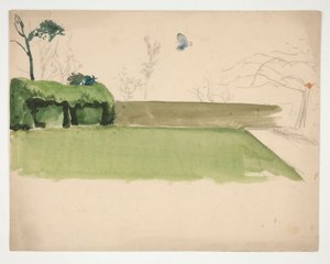 Studie eines umschlossenen Rasens und Gartens