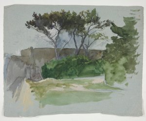 Studie einer Landschaft mit Bäumen und Steinmauer